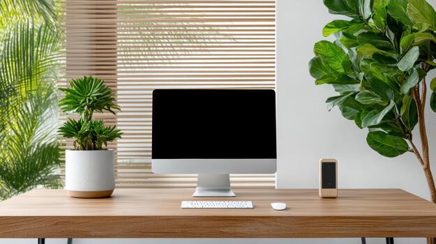 A desk with a computer, mouse and plant photo