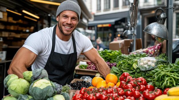 A smiling man is standing in front of a table with fresh vegetables photo