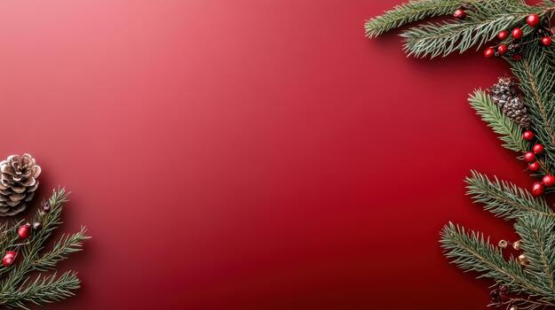 Christmas red background with fir branches and berries photo