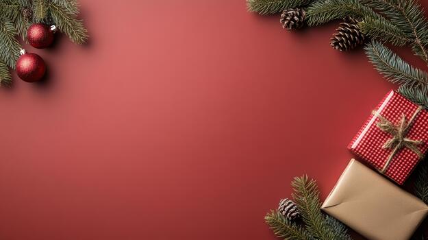 Christmas gifts on red background with fir branches photo