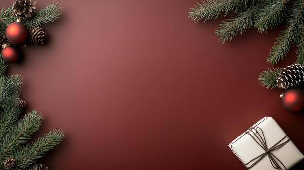 Christmas background with fir branches and presents on red background photo