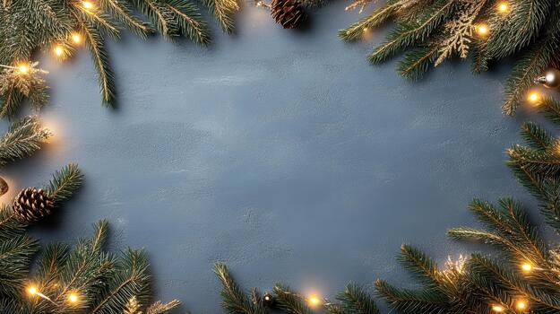 Christmas wreath frame with fir branches and lights on blue background photo