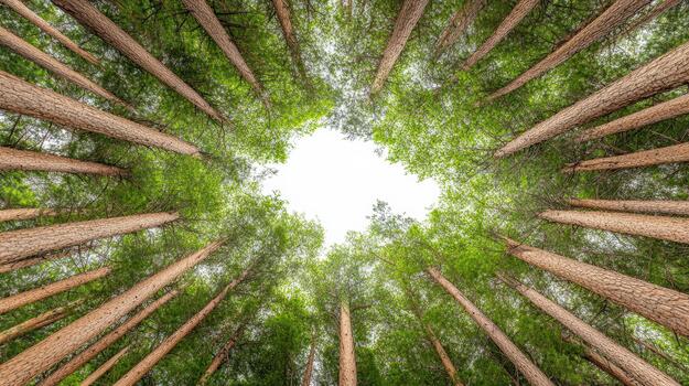 A view up into a forest with tall trees photo