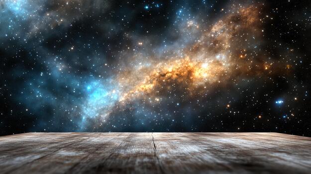 An empty wooden table in front of a galaxy background photo