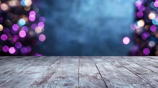 Wooden table with blurred lights and bokeh photo