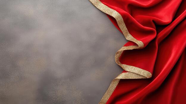 Red velvet curtain with gold border on a gray background photo