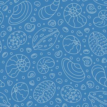 Seamless underwater seashell pattern with marine scallop, shell, and conch in an elegant outline style. Aquatic contour doodle evokes the ocean and marine life. A perfect background for summer, vector