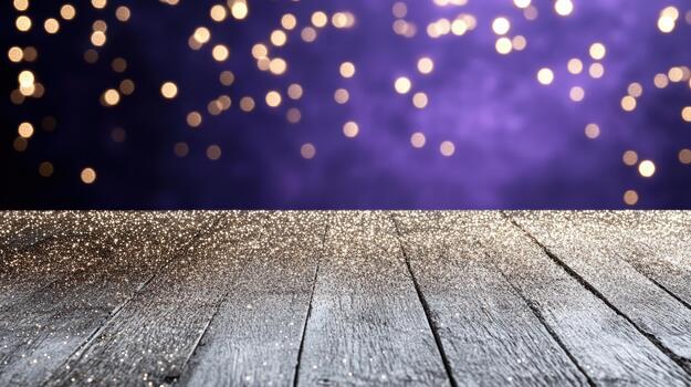 Wooden table with purple lights and bokeh photo