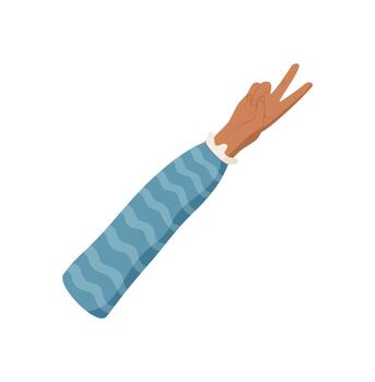 Flat hand gesture showing number two. Raised hand with two fingers up, count pose, and a visible palm in a stylized format. Brown arm with sleeve, simple and isolated on white. vector