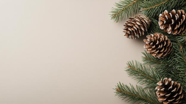 Christmas tree branches with pine cones on a white background photo