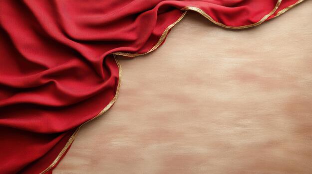 Red silk fabric with gold border on a beige background photo