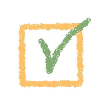 Crayon style check box square icon with tick and mark. Badge checkbox element stands as a colorful box symbol. Modern artistic badge isolated sticker and label icon. vector