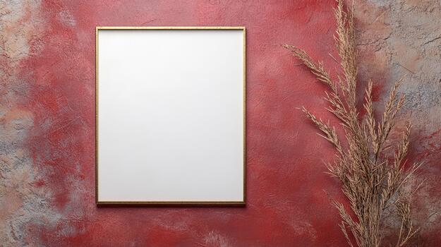 A blank frame on a red wall with a plant photo