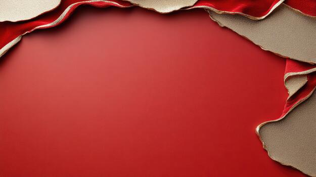 Red and gold torn paper background with red ribbon photo