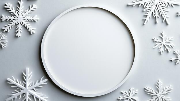 White oval frame with snowflakes on a gray background photo