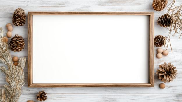 Blank white frame on a wooden background with pine cones and cones photo