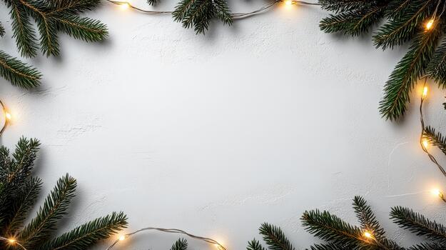 Christmas frame with fir branches and christmas lights on white background photo