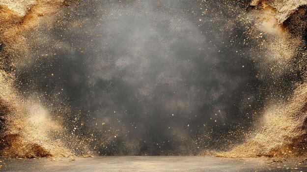 Golden explosion with dust and dirt on a black background photo
