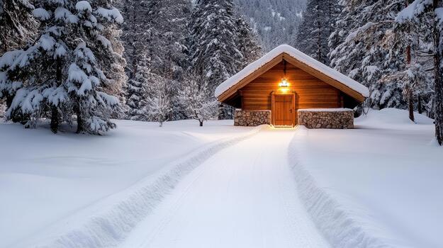 A small cabin in the snow with a road leading to it photo