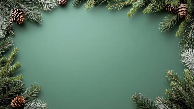 Christmas frame with fir branches and pine cones on green background photo