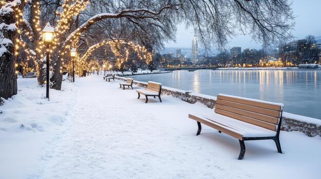 Winter scene with benches and trees along a river photo