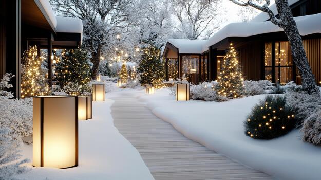 A pathway lined with lights and trees in the snow photo