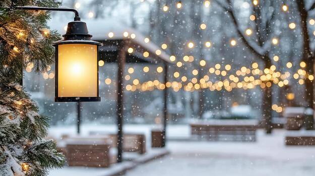 A lighted lamp is sitting on a snow covered sidewalk photo