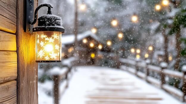 A lighted lamp on a snowy path in the woods photo
