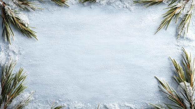 Christmas frame with snow and pine branches on a blue background photo