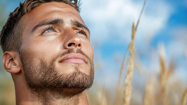 A man in a field looking up photo