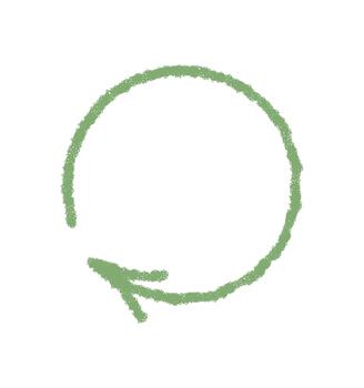 Hand drawn green crayon swirl arrow icon forms a bold circular stroke with sketch element style. This textured pointer and curved circle design adds an abstract look for modern creative templates. vector