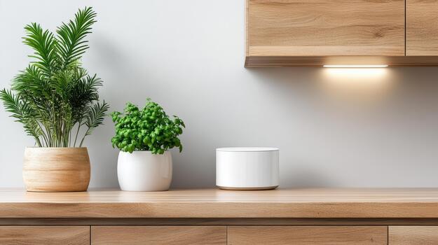 A smart speaker and a plant on a counter photo