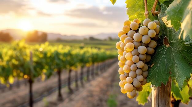 un manojo de uvas colgando en un vino en un viñedo foto