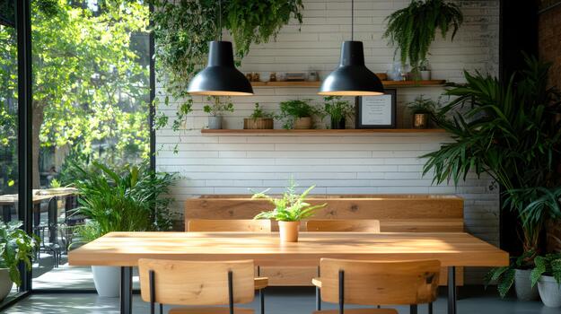 A dining table with chairs and plants in front of a window photo