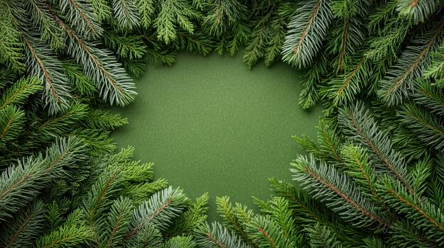 Christmas wreath frame with green fir branches on a green background photo