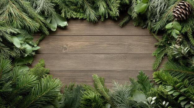 Christmas wreath frame with pine cones and green evergreen branches on wooden background photo