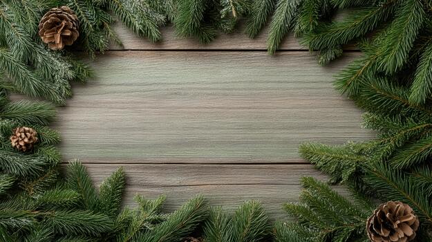 Christmas tree branches and pine cones on a wooden background photo