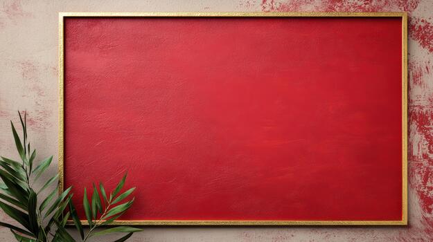 Red frame on a wall with a plant photo