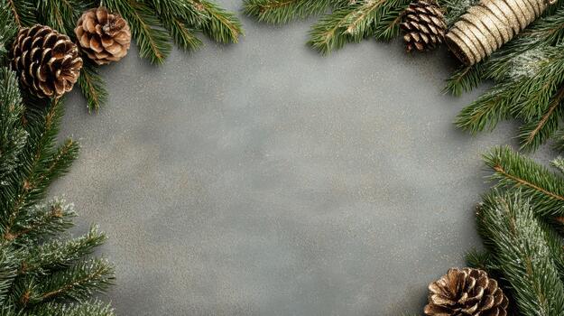 Christmas wreath with fir branches and pine cones on a gray background photo