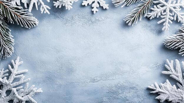 Christmas background with snowflakes and fir branches on blue background photo