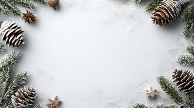 Christmas frame with fir branches, pine cones and stars on white background photo