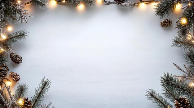 Christmas frame with fir branches and lights on white background photo