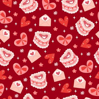 Red seamless pattern with a heart-shaped cake, envelope, and flowers. A beautiful romantic background for wrapping paper, textiles, or greeting cards. vector