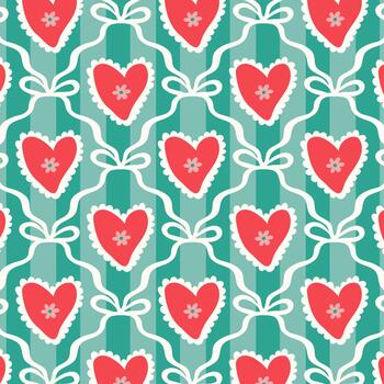 A repeating pattern of cute red hearts connected by ribbons on a striped turquoise background. vector