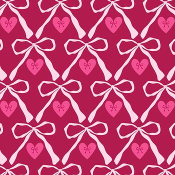 Seamless pattern with a pink bow and heart on a red background. A cute holiday design for wrapping paper or fabric. A romantic decorative element. vector