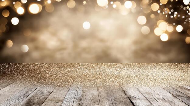 Golden christmas background with wooden floor and bokeh lights photo