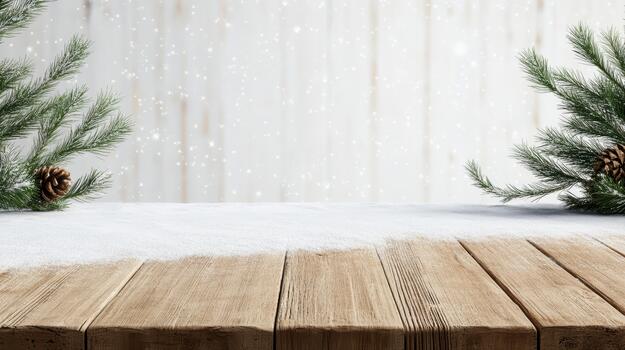 Christmas tree on wooden table with snow photo