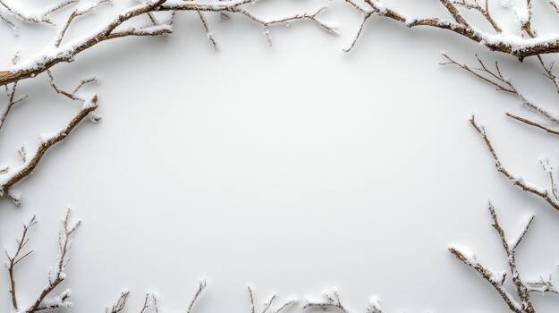 Winter frame with snow on branches and white background photo