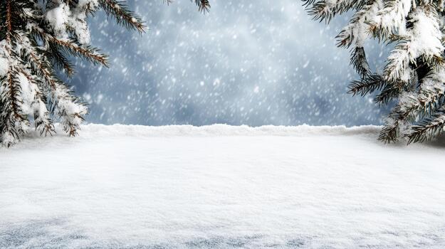 Winter background with snow and pine trees photo
