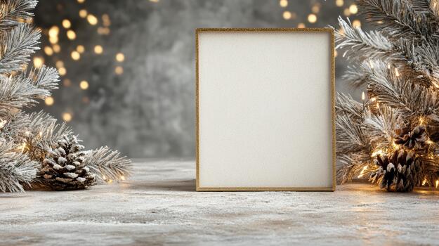 A blank frame with christmas lights and pine cones photo